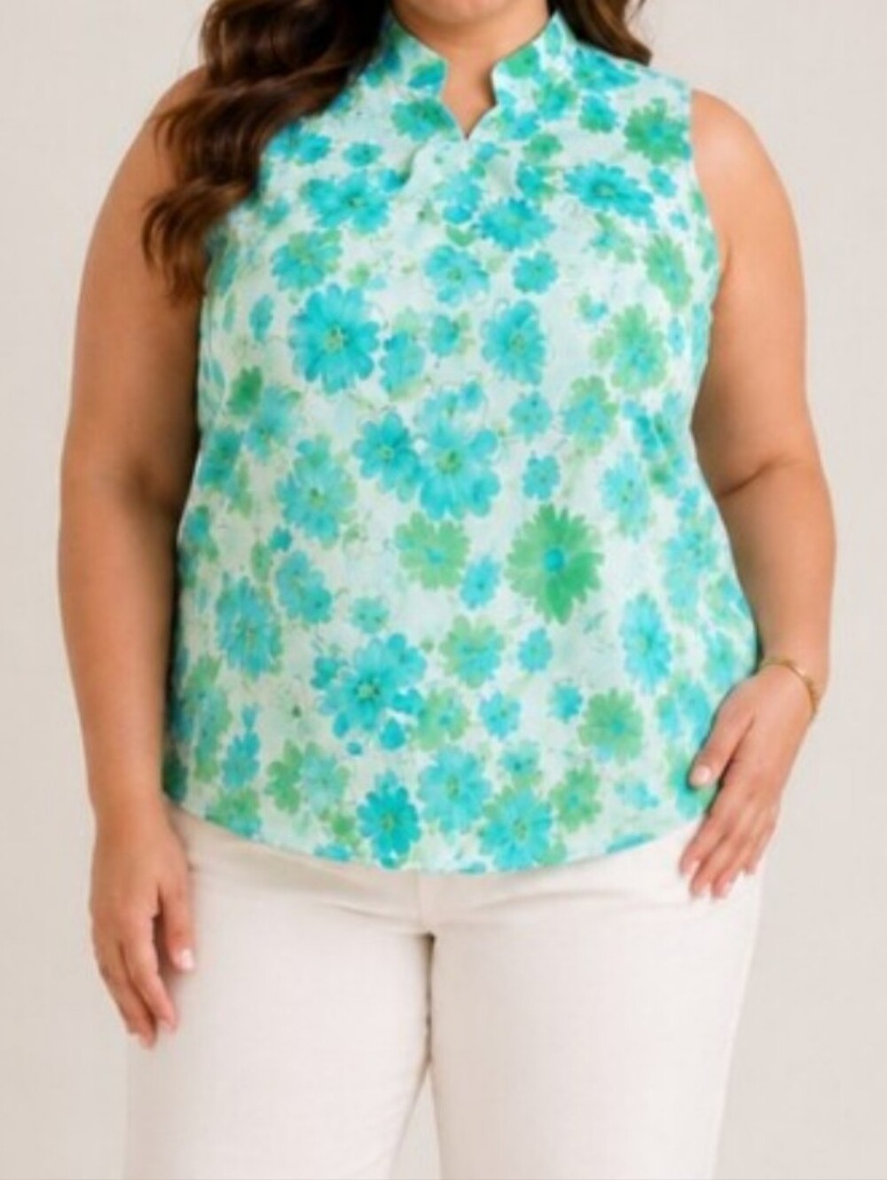 Green Floral Mock Neck Sleeveless Blue 90s Vibes Chinese Top 16W